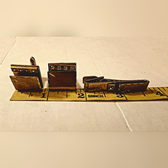 1960s 1970sVintage Cufflink & Tie Bar Set Gold Tone Cuff Links Square - Picture 4 of 4